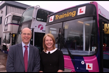 Managing Director of First Bus, Giles Fearnley, and Linda Guthrie, First's Head of Driver Training 